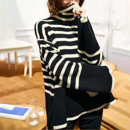 TOTÊME Oversized striped wool and cotton blend turtleneck sweater black 3 result